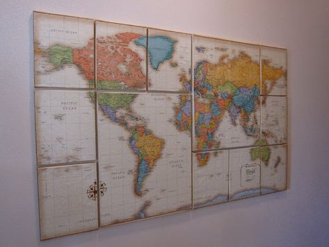 Creative Juices for Decor: World Map Inspiration on canvas from a reader (old world map art)...I may not have an old world map, but I could easily buy one, but I do have another map that I might be able to use.  I'll have to take a look. Large Canvas Art Diy, Diy Map, Map Crafts, World Map Art, Wall Map, Old World Maps, Map Decor, Large Canvas Wall Art, Large Canvas Art