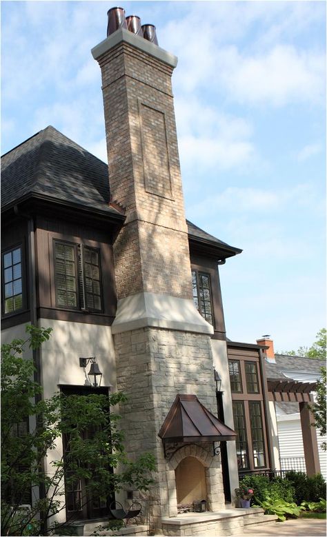 Brick Chimney Exterior, Chimney Styles, Exterior Chimney Ideas, Outside Chimney, Exterior Chimney, Tudor House Exterior, Chimney Design, Stone Chimney, Fireplace Cover