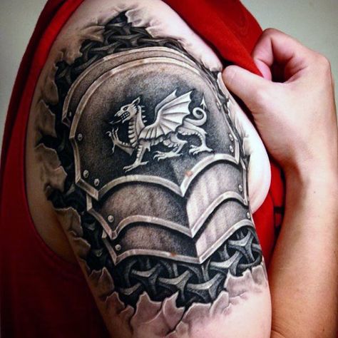 70 Quarter Sleeve Tattoo Designs For Men - Masculine Ink Ideas Armor Sleeve Tattoo, Welsh Tattoo, Armour Tattoo, Shoulder Armor Tattoo, Body Armor Tattoo, Red Dragon Tattoo, Quarter Sleeve Tattoos, Armor Tattoo, Geometric Tattoo Arm