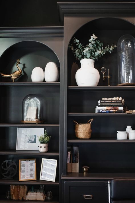 RESIDENTIAL | website Dark Bookshelf Styling, Book Case Decor, Dark Bookshelves, Luxury Bookcase, Black Bookshelves, Bookshelf Diy, Lake Hartwell, Black Bookshelf, Built In Shelving