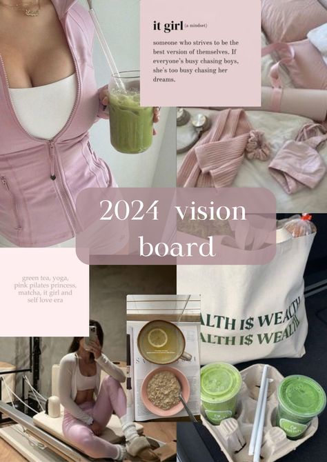 Get inspo for yout 2024 vision board - Pilates princess edition. #pilatesprincess #visionboard #health #wellness #cleangirl #itgirl Pilates Princess Vision Board, Pilates Vision Board, Pilates Mood Board, Pink Pilates Vision Board, 2024 Vision Board Pilates, Pink Pilates Princess Room Posters, Pink Pilates Princess Motivation, Pink Pilates Princess Vision Board 2024, Dream Vision Board