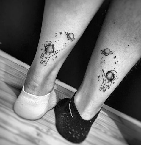 Matching Galaxy Tattoo, Matching Space Tattoos Couples, Matching Astronaut Tattoos, Astronaut Couple Tattoo, Space Matching Tattoos, Matching Space Tattoos, Astronaut Tattoo Design, Tattoo Ideas Couple, Hexagon Tattoo