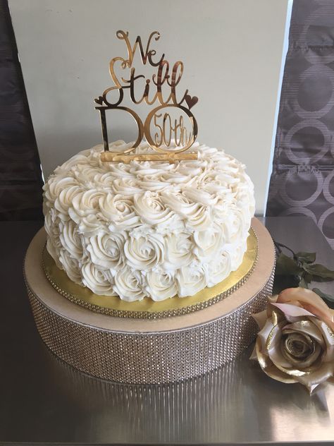 50th Wedding Anniversary Cake. Chocolate cake with vanilla buttercream rosettes Golden Wedding Ideas 50th Anniversary Gold Party, Guest Book Ideas For 50th Anniversary, Small 50th Anniversary Cakes, 50th Anniversary Food Ideas Simple, 50th Wedding Cake Ideas, Anniversary Cake 40th, 50th Golden Wedding Anniversary Ideas, 65th Anniversary Cake, 60th Wedding Anniversary Cake Ideas