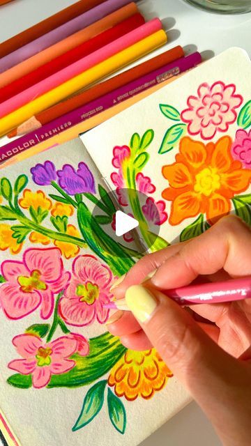 Pencil Colors Drawings, Flower Drawing With Color, Color Pencil Flowers, Colored Pencil Doodles, Pencil Flowers, Colorful Drawing, Drawing Sketchbook, 2024 Color, Doodle Coloring