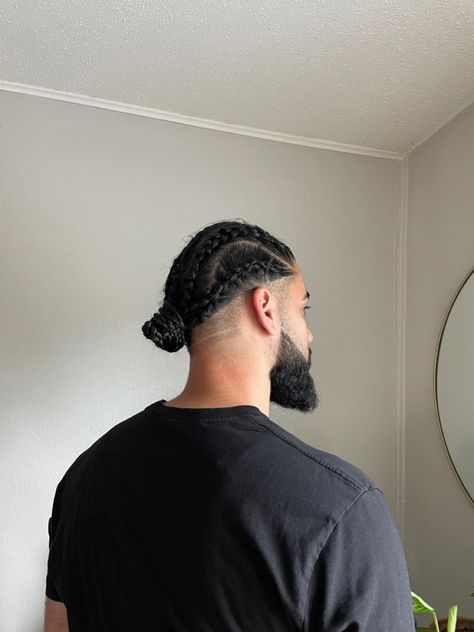 Mens braided bun Braids On Men Long Hair, Mens Braided Bun, Men Bun Braids, Afro Man Bun, Guy Braids Men Hairstyles Long Hair, Undercut Braids Hairstyles Men, Long Braids Men, Man Bun Braids, Undercut Braid