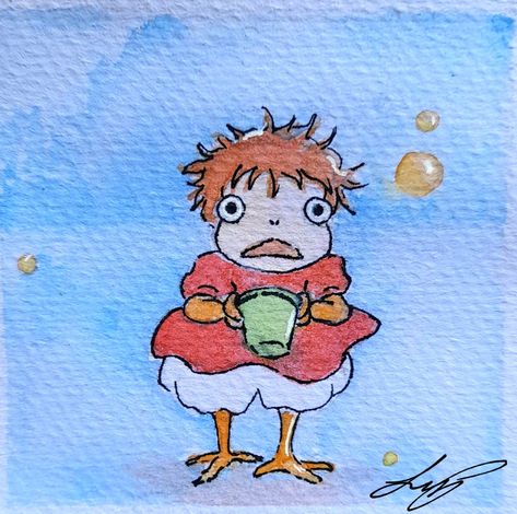 Ponyo Watercolor, Ponyo Painting, Studio Ghibli Watercolor, Custom Uno Cards, Crayon Drawings, Watercolour Inspiration, Cartoon Painting, Watercolor Christmas Cards, Watercolor Art Lessons