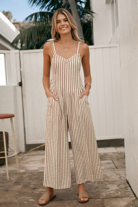 Turn heads in the Striped Sleeveless V-Neck Wide Leg Jumpsuit! With its striking stripes and flattering V-neck, this jumpsuit is all about easy elegance and standout style. Product code: CAA13E4G014GJ Features:  Woven V-neckline Sleeveless Wide leg Pattern: Stripes Wash Method: Regular Wash Material: 55%COTTON,45%POLYESTER. Resort Casual Attire Women, Stripe Jumpsuit Outfit, Hawaii Outfits, Affordable Swimwear, Jumpsuit Outfit, Make Memories, Striped Jumpsuit, Casual Jumpsuit, Casual Stripes