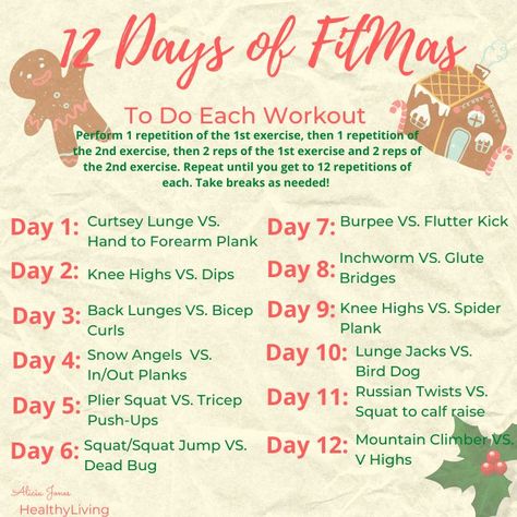 To do the workout, do 1 repetition of exercise 1, then 1 repetition of exercise 2, then do 2 repetitions of exercise 1 and 2 repetitions of exercise 2. Do this until you repeat 12 repetitions of each exercise. 2 Exercises per day. 12 Days Of Fitmas Workout, 12 Days Of Fitmas Challenge, Fitmas Challenge, 12 Days Of Fitmas, Elderly Health, Fitness For Women, Holiday Challenge, Christmas Workout, Holiday Workout