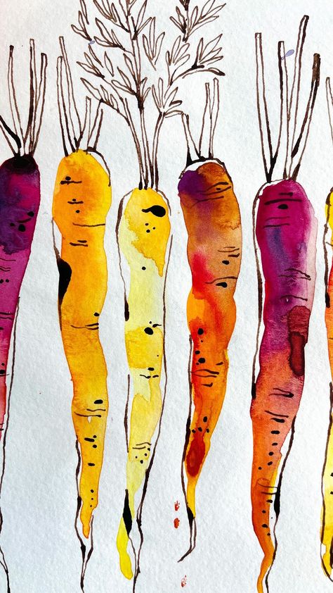 Acrylic Painting Vegetables, Drawing Fruits And Vegetables, Watercolor Character Illustration, Line And Wash Watercolor Sketches, Abstract Watercolor Tutorial, Watercolor Vegetables, Veggie Art, Vegetable Painting, Vegetable Illustration