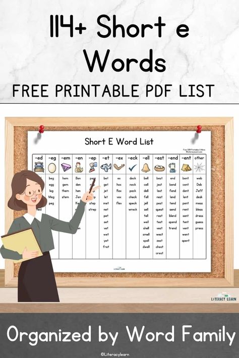 Learn all about teaching the Short E sound following research-backed, Science of Reading-aligned best practices, and get a free printable list of 114 short e words, organized by word family. Short E Family Words, E Family Words, Short E Sound, Long E Words, Family Words, Short E Words, Word Web, Words List, O Words