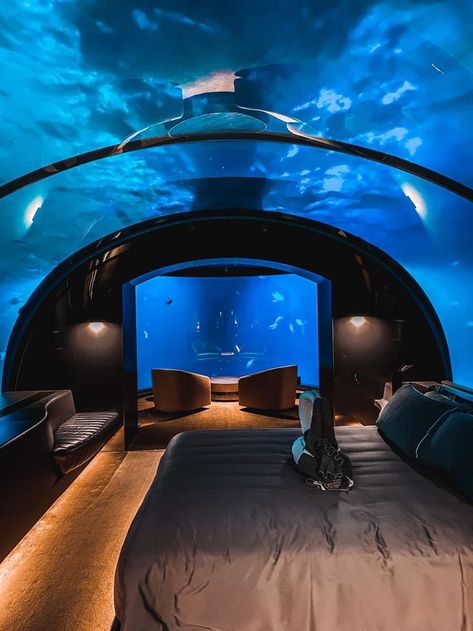 Imagine spending the night in the Muraka ~ The Underwater Hotel Room 🇲🇻❤️ Aquarium Hotel Room, The Muraka Maldives, Underwater Hotel Room The Maldives, Maldives Hotel Room, Baecation Hotel Room, Hotel Room Aesthetic Night, Underwater Resort, Under Water Hotel, Maldives Underwater Hotel