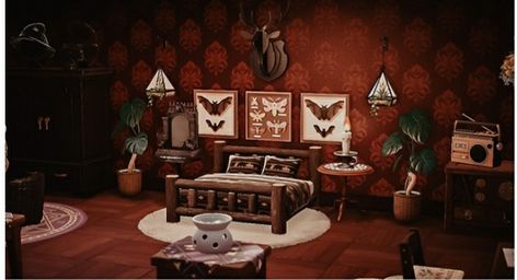 Spooky Animal Crossing Island, Acnh Bedroom Ideas, Bedroom Ideas Goth, Island Inspo Acnh, Spooky Animal Crossing, Acnh Dark Academia, Acnh Bedroom, Acnh Witchy, Haunted Island