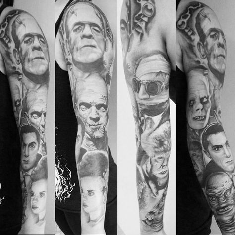 Tessa Henderson: Classic Horror. Universal Monsters. Tattoo sleeve.  https://www.facebook.com/photo.php?fbid=1135226106533346 Universal Monsters Tattoo, Monsters Tattoo, Savage Tattoo, Dracula Tattoo, Monster Tattoo, Horror Mask, Horror Tattoos, Monsters Art, Sorry Mom