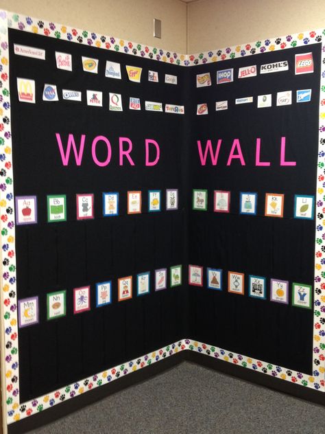 My interactive word wall....I just finished putting it up, so there are no words yet but the bottom has Velcro so the words will be removable.  The top is environmental print for each letter. Phonics Display, Kindergarten Spelling, Interactive Word Wall, Print Awareness, Math Word Walls, Environmental Print, Language Classroom, Dual Language Classroom, Class Displays