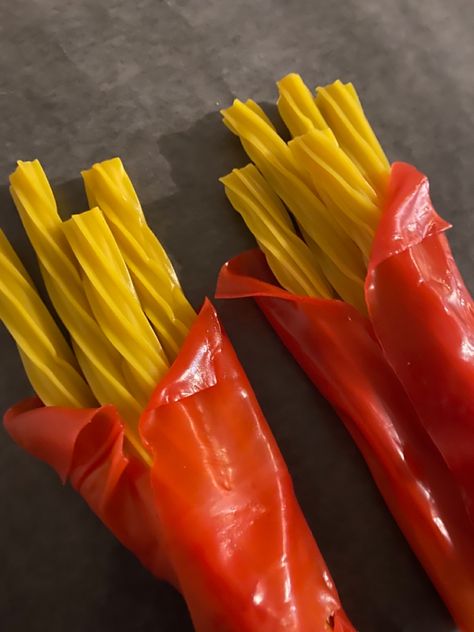 Made with twizzlers and fruit roll ups! French Fry candy, kid party French Fries Birthday Party Ideas, Small Fry Birthday Party, French Fry Theme Birthday Party, Chicken Nugget Party Decorations, French Fry Birthday Party, Hamburger Party Ideas, French Fry Party, Burger Birthday Party, Mcdonalds Party