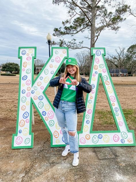 Kd Letters Painted, Big Sorority Letters, Sorority Lawn Letters, Painted Sorority Letters, Decorated Sorority Letters, Adpi Letters, Aoii Letters, Greek Letters Painted, Wooden Sorority Letters