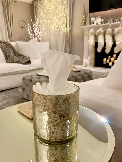 Get rid of ugly Kleenex boxes and use vases. #homedecor #interiordesign #familyroom #whitedecor #golddecor #mirrors Follow me in the @LIKEtoKNOW.it shopping app to shop this post and get my exclusive app-only content! #liketkit #StayHomeWithLTK #LTKstyletip #LTKunder100 @liketoknow.it http://liketk.it/334M8 Pretty Tissue Holder, Small Tissue Holder, Kleenex Holder Diy, Kleenex In A Vase, Kleenex Holder Ideas, Tissue Jars, Black Modern Bathroom, Kleenex Holder, Rich Lady