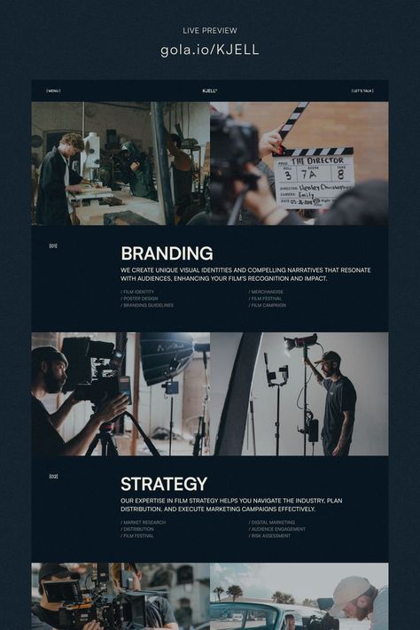 Kjell, a polished Agency & Portfolio Framer Template, ideal for production agencies, filmmakers, directors, social media creators, short-form content, design studios, branding, freelancers, and personal portfolios. Portfolio Themes Ideas Inspiration, Personal Branding Portfolio, Film Website Design Inspiration, Social Media Frame Design, Filmmaker Portfolio Website, Filmmaker Website, Filmmaker Portfolio, Webpage Ideas, Videographer Portfolio