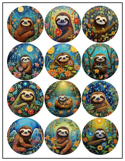 Our free printable Sloth Naive Art 2-1/4″ Magnet Designs will make a great addition or start to your fridge magnet design collection. These 2-1/4″ designs are intended for use in making 2-1/4″ round refrigerator magnets, using a 2-1/4″ button machine and graphic punch cutter. Actual print size is approximately 2-1/2″ to allow for wrap-around on magnet. Fridge Magnet Design, Button Machine, Decoupage Printables, Magnet Design, Magnet Crafts, Button Magnets, Laser Art, Bottle Cap Crafts, Naive Art