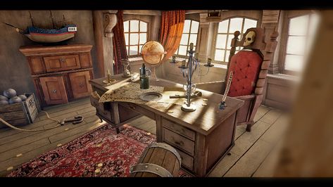 Pirate Room Concept Art, Pirate Cabin, Captain Quarters, Vikings Ship, Draw Scenery, Cruise Ships Interior, Building A Home Bar, Pirate Room, Captains Quarters