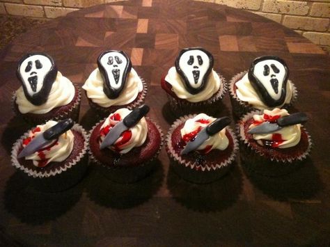 Scream Themed Cupcakes, Scream Movie Cupcakes, Horror Movie Cupcakes, Ghostface Cupcakes, Ghostface Birthday Party, Ghostface Party, Ghostface Cake, Scream Party, Movie Cupcakes