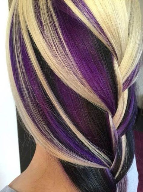 Blonde And Purple, Chunky Highlights, Hair Transition, Peekaboo Hair, Hair Gray, Silver Blonde, Hair Pixie, Blending Gray Hair, Hair Color Highlights