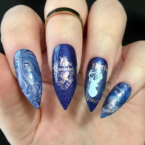 Harry Potter Nails Ravenclaw, Ravenclaw Nail Art, Ravenclaw Nails, Harry Potter Nails Designs, House Ravenclaw, Potter Nails, Harry Potter Nails, Nails Acrylic Coffin, Quinceanera Nails