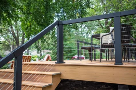 Deck, Porch & Stair Railing Ideas | RDI Inspiration Gallery Porch Stair Railing Ideas, Porch Stair Railing, Stair Railing Ideas, Apartment Deck, Handrail Lighting, Wood Deck Railing, Black Railing, Deck Railing Systems, Cable Railing Deck