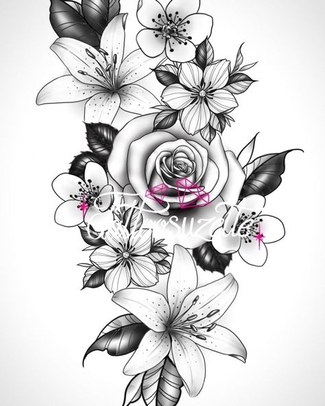 Rose And Lily Tattoo Design, Floral Tattoo Design Drawings, Tattoo Sleeve Floral, Sleeve Floral Tattoo, Rose And Lily Tattoo, Mandala Floral Tattoo Design, Mandala Floral Tattoo, Lily Tattoo Design, Mandala Flower Tattoos