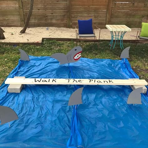 Under The Sea Obstacle Course, Walk The Plank Game, Shark Decorations, Shark Pirate, Pirate Party Games, Shark Games, Walk The Plank, Shark Themed Birthday Party, Pirate Games