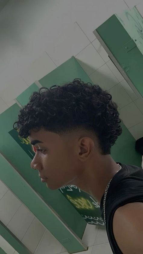 Haircut Ideas Curly Hair Men, Mullet Fade Curly Hair, Haircuts Men Curly Hair, Curly Burst Fade Mullet, Curly Low Taper Fade, Curly Hair Men Haircut Mullet, Brust Fade Haircut, Curly Hair With Fade, Mid Taper Curly Hair