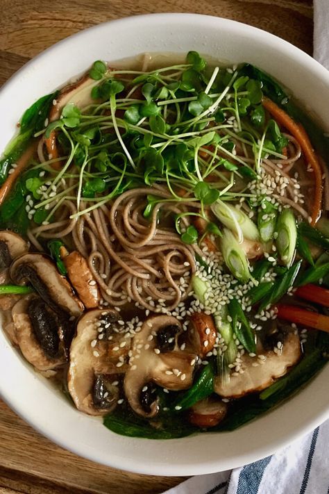 This homestyle take on ramen is nourishing, hydrating and a little heartier thanks to buckwheat noodles. The garlicky, ginger-infused broth has also become a go-to immunity booster this time of year. And it’s perfect for a weekend lunch. For a more complete meal simply add your protein of choice! #souprecipes #ramen #homemaderamen #ramenrecipes #veganramen #mushrooms #miso #ginger #cleaneating #comfortfood #goodmoodfood #misosoup #healthysouprecipes #healthylunchideas Soup Recipes Clean Eating, Healthy Soup Recipes Clean Eating, Miso Noodle Soup, Buckwheat Pasta, Vegetable Noodle Soup, Vegetable Noodle, Miso Soup Recipe, Homemade Ramen, Buckwheat Noodles