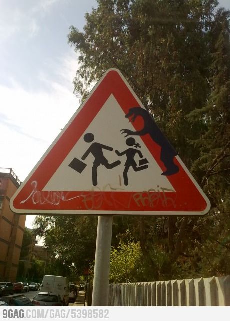 Found this in Bari, Italy. Yup, I still want to go to Italy Street Sign Art, Funny Road Signs, Best Graffiti, Crossing Sign, School Daze, Street Sign, Graffiti Artist, Road Signs, Street Art Graffiti