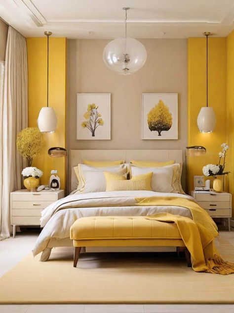 Luxurious Yellow Bedroom, Rustic Yellow Bedroom, Outer Wall Painting Ideas, Bedroom Aesthetic Classy, Yellow Themed Bedroom, Bedroom Blue And Yellow, Grey And Yellow Bedroom Ideas, Yellow Walls Bedroom Ideas, Bedroom Yellow Walls