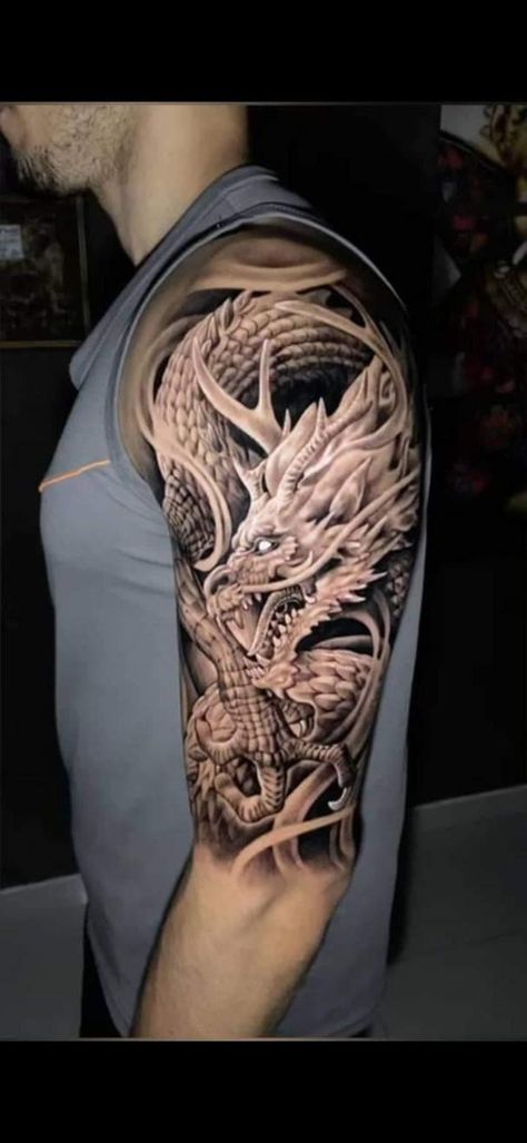 Dragon Tattoo Shoulder, Black Dragon Tattoo, Dragon Tattoo Arm, Dragon Head Tattoo, Japanese Tattoos For Men, Bicep Tattoo Men, Phönix Tattoo, Dragon Tattoos For Men, Dragon Sleeve