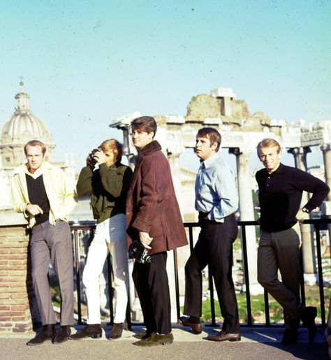 The Beach Boys photographed in Europe in 1964. Europe In November, Noel Redding, Carl Wilson, Dennis Wilson, Mike Love, Brian Wilson, Rock And Roll Bands, Beach Boys, The Beach Boys