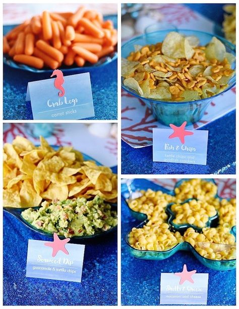 Sea Party Food, Mermaid Birthday Party Food, Mermaid Party Food, Ocean Food, Ocean Birthday Party, Shark Themed Birthday Party, Ariel Birthday, Ocean Birthday, Food Buffet