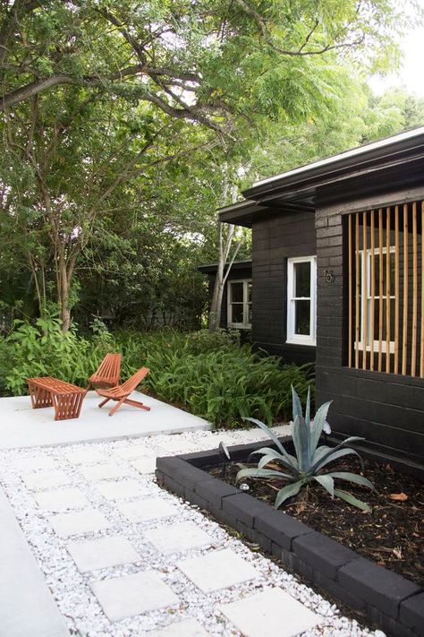 Painted Brick Pathway, Concrete Block House Exterior Makeover, Black Brick Pavers, Painted Brick Pavers, Concrete Path Makeover, Black Gravel Landscaping, Concrete Paint Ideas, Fairytale Farmhouse, Pavers Gravel