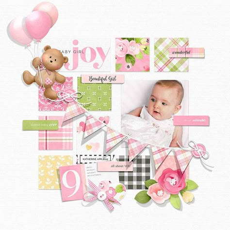 Baby Girl Digital Scrapbook Layout Idea - Project Idea - Scrapbook.com Scrapbook Bebe, Nitwit Collections, Cutest Babies Ever, Baby Mini Album, Scrapbook Design Layout, Baby Scrapbook Pages, Scrapbooking Layouts Baby