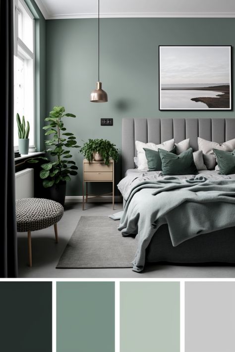 The Scandinavian style bedroom is a haven of tranquility and minimalist elegance, where simplicity meets functionality, and comfort is paramount. This design philosophy, rooted in the Nordic principles of beauty, simplicity, and utility, transforms the bedroom into a serene and inviting space. Tranquil Green Bedroom Ideas, Green Wall Grey Headboard, Grey And Forest Green Bedroom, Green Grey Wood Bedroom, Grey Bed Green Bedding, Grey Headboard Green Walls, Bedroom Color Ideas Green, Bedroom Gray And Green, Green Gray White Bedroom