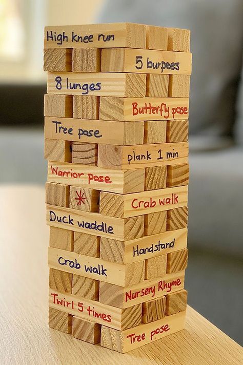 This would be an awesome game to play with friends. Let's see who can still crab walk or dance the Jig, LOL #TableGames #FamilyFun #FridayFun Jenga With A Twist, Jenga Ideas, Jenga Block Ideas, Jenga Blocks Crafts, Family Game Night Ideas, Jenga Game, Game Night Ideas, Night Kids, Jenga Blocks