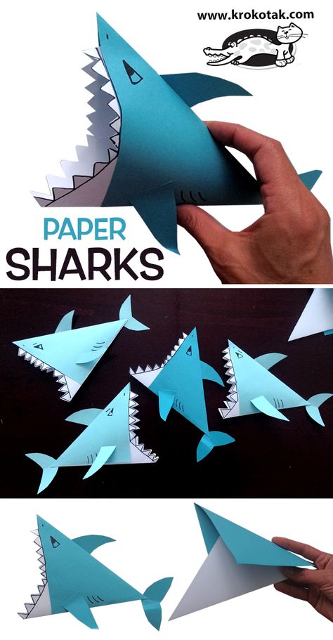 Ocean Crafts For Teens, Paper Shark, Origami For Kids Animals, Shark Craft, House Card, Paper Fish, Animal Art Projects, Construction Paper Crafts, Arts And Crafts For Teens