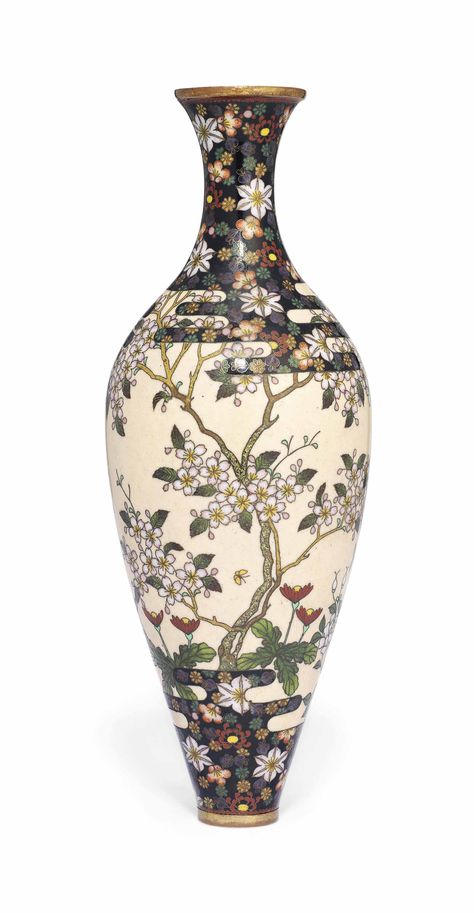 A Cloisonné Vase Meiji period (late 19th century) Finely worked in gold and silver wire and decorated in various coloured enamels with birds amongst cherry blossoms and peonies on a beige ground, the neck and the lower body with further flowers on a black cloud-shaped ground, copper rims 21cm. high Unique Flower Vases, Japanese Vase, Meiji Period, Luxury Business, Japanese Flowers, Antique Vase, Japanese Porcelain, Cloisonne Enamel, Keramik Vase