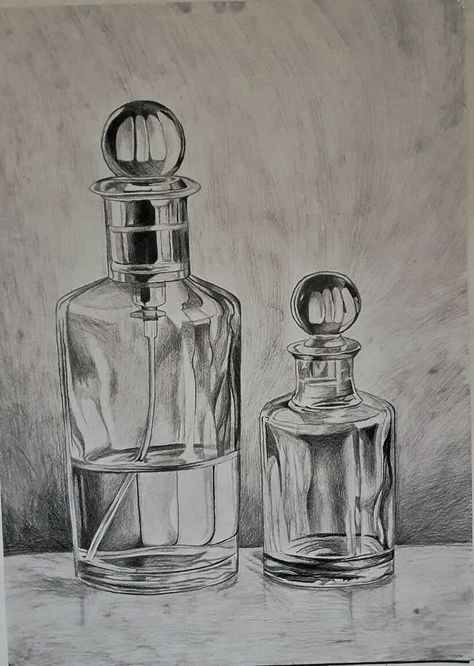 Glass Still Life Drawing, Green Reaper, Empty Perfume Bottles, Bottle Drawing, Observational Drawing, Flower Iphone Wallpaper, Still Life Drawing, Sketch Ideas, Gcse Art