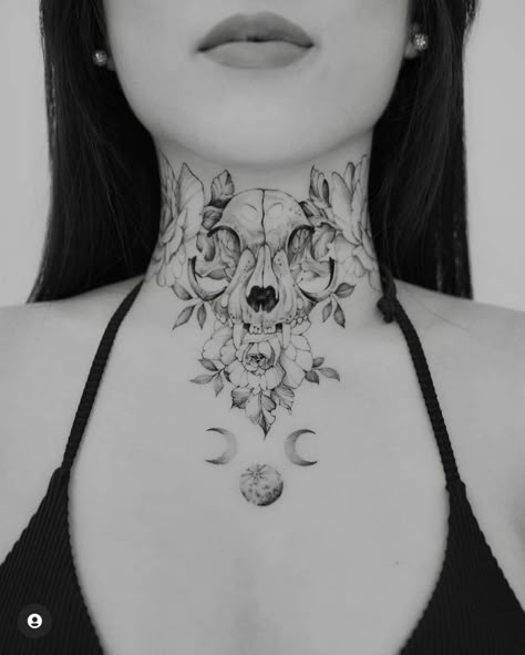 Womens Front Neck Tattoos, Cat Skull Chest Tattoo, Aries Neck Tattoo, Rose Throat Tattoo, Cat Chest Tattoo, Throat Tattoos Women Simple, Neck Tattoo Designs For Women, Neck Tattoos Women Throat, Front Neck Tattoos Women