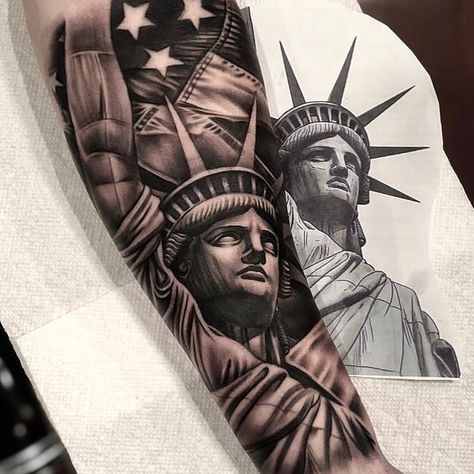 Flag Sleeve Tattoo, Military Sleeve Tattoo, American Flag Sleeve Tattoo, Statue Of Liberty Tattoo, Portrait Tattoo Sleeve, Liberty Tattoo, Best Tattoo Ideas For Men, Cool Half Sleeve Tattoos, Patriotic Tattoos