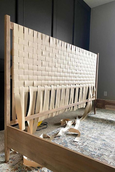 DIY King Woven Leather Bed | Honey Built Home Diy King Bed, Diy King Bed Frame, Diy Headboard Ideas, Diy Bed Headboard, Leather Bed Frame, Headboard Ideas, Minimalist House, Leather Headboard, Diy Bed Frame