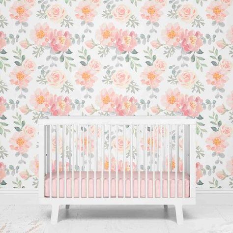 Dusty Rose Floral Removable Nursery Wallpaper Rose Baby Accent Wall, Vintage Rose Wallpaper, Watercolor Floral Nursery, Vintage Girls Rooms, Nursery Design Girl, Floral Wallpaper Nursery, Wallpaper Rose, Lighted Wall Mirror, Diy Shades