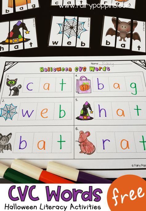 These FREE kindergarten literacy activities help kids learn about CVC words. They feature a cute Halloween theme. Kids can explore Halloween CVC words using a sensory tray, puzzles, word mat or worksheet. #freehalloweenactivities #kindergartenliteracy #cvcwords #kindergartencenters #halloweencenters #halloweenprintables #halloweenliteracy #kindergartenspelling #cvcactivities #kindergartenphonics #phonological awareness Halloween Labeling Kindergarten, Pumpkin Cvc Free, Write The Room Kindergarten Freebie Halloween, Halloween Phonological Awareness Activities, Halloween Cvc Word Activities, Halloween Language Activities Kindergarten, Halloween Writing Activities Kindergarten, Phonics Halloween Activities, Halloween Literacy Kindergarten