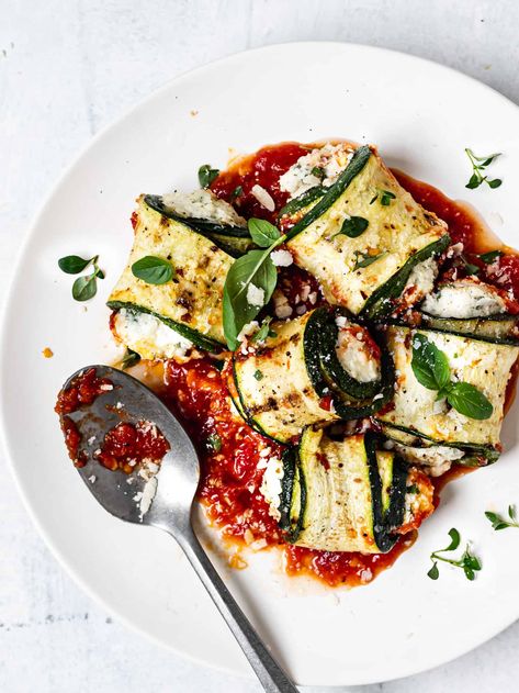 Zucchini Involtini Recipe - Sandra Valvassori Almond Ricotta Recipe, Zucchini Involtini, Almond Ricotta, Laura Wright, Grilled Zucchini, Vegan Meals, Sliced Almonds, Vegetarian Dishes, Plant Based Recipes